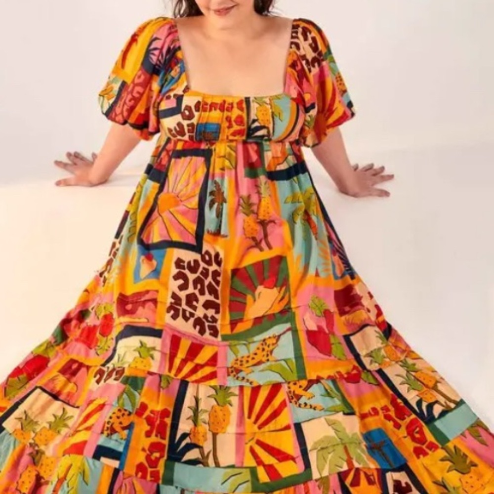 FARM Rio Tropical Collage Midi Square Neck Womens Dress Size L large Colorful - Picture 2 of 16